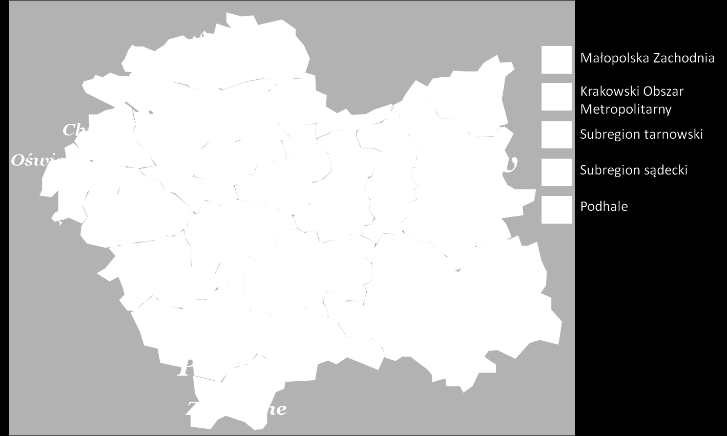 Czerwoną czcionką oznaczono miejscowości, szarą czcionką - większe regiony wskazywane zbiorczo.