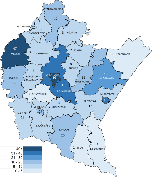 Mapa 15. Podmioty z udziałem kapitału zagranicznego w województwie podkarpackim 2012 r. W omawianym zakresie nie zaszły w tych latach znaczące zmiany w liczbie podmiotów z kapitałem zagranicznym.