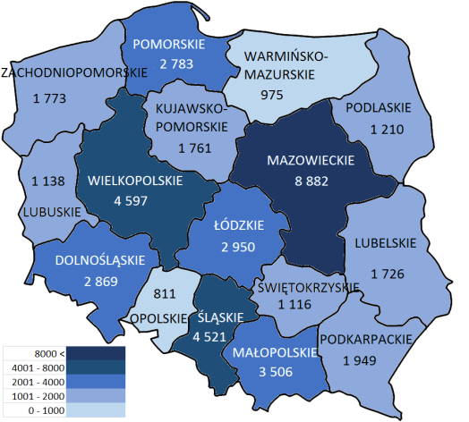 Śląskie 1251 49966,3 1167 66778,2 Świętokrzyskie 87 2120,1 89 3494,5 Warmińsko-mazurskie 106 6104,6 112 5526,7 Wielkopolskie 1222 51819,2 1157 46149,3 Zachodniopomorskie 618 9238,5 595 14546,1