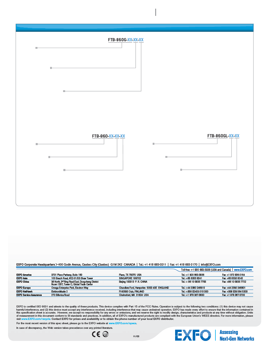 INFORMACJE O ZAMÓWIENIU Modele FTB-80G-1 = Ethernet 10/100/1000 Base-T elektryczny i GigE optyczny FTB-80G-10 = Ethernet 10 GigE LAN/WAN obejmujący 10/100 Base-T FTB-80G-100 = Ethernet 10/100/1000