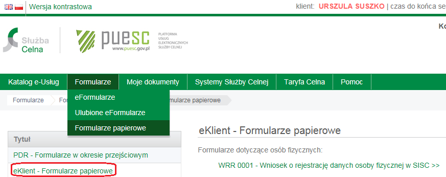 Wniosek papierowy: Z menu Formularze wybrać Formularze papierowe, a potem eklient- Formularze papierowe: Ukaże się lista różnych dokumentów należy wybrać WPE 0001 w sekcji Formularze dotyczące