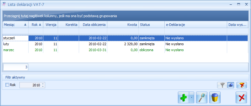 Str. 112 Moduł Księga Handlowa, Księga Handlowa Plus, Środki Trwałe v. 2010 Rys. 66 Lista deklaracji VAT-7 5.8.