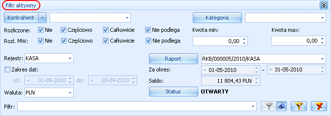 Str. 22 Moduł Księga Handlowa, Księga Handlowa Plus, Środki Trwałe v. 2010 2.2.7.2 Filtrowanie proste (panel filtra) Po otwarciu danej listy w dolnej części okna umiejscowiony jest panel filtrowania.