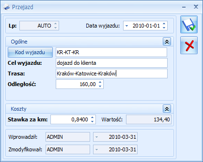 Podręcznik Użytkownika systemu Comarch OPT!MA Str. 241 Kod wyjazdu służy do wyboru trasy przejazdu z listy pomocniczej tras.