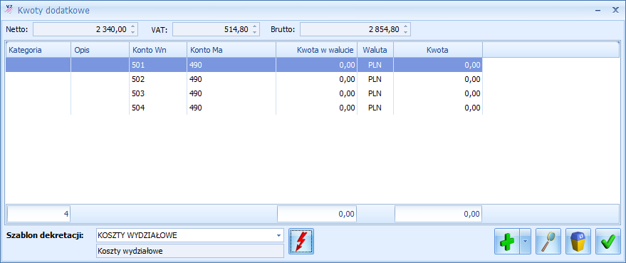 Str. 92 Moduł Księga Handlowa, Księga Handlowa Plus, Środki Trwałe v. 2010 Rys. 42 Kwoty dodatkowe z wykorzystaniem szablonu dekretacji kwot dodatkowych.