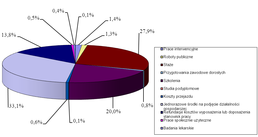 Wykres 14 Struktura wydatkowanych środków Funduszu Pracy na aktywne programy na rzecz ograniczania bezrobocia w okresie od 1 stycznia do 31 grudnia 2010 roku Źródło: Tabela 21 W celu zapewnienia