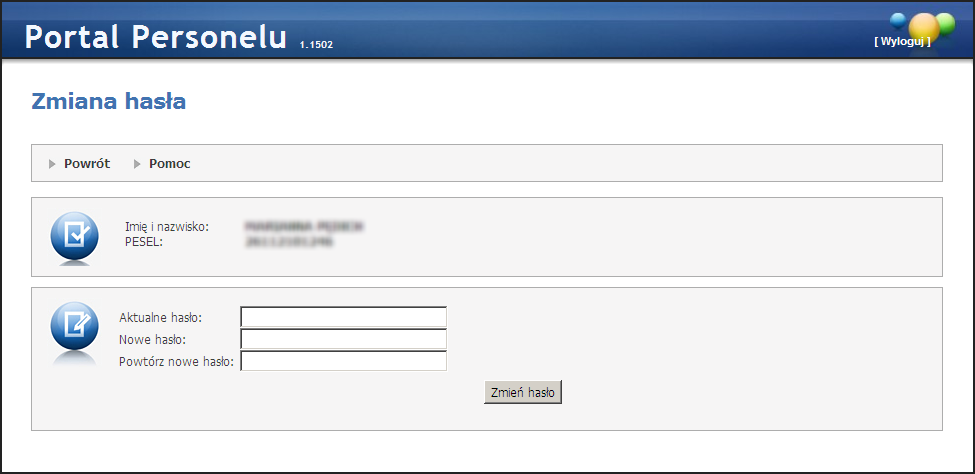 Obsługa okien 23 Na wyświetlanej formatce znajduje się kontrolka do wprowadzenia aktualnego hasła, kontrolki do dwukrotnego wprowadzenia nowego hasła oraz przycisk Zmień hasło.