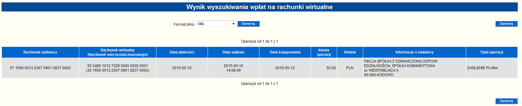 Użytkownik dokonuje wyboru rachunków, dla których mają zostać wygenerowane płatności masowe.