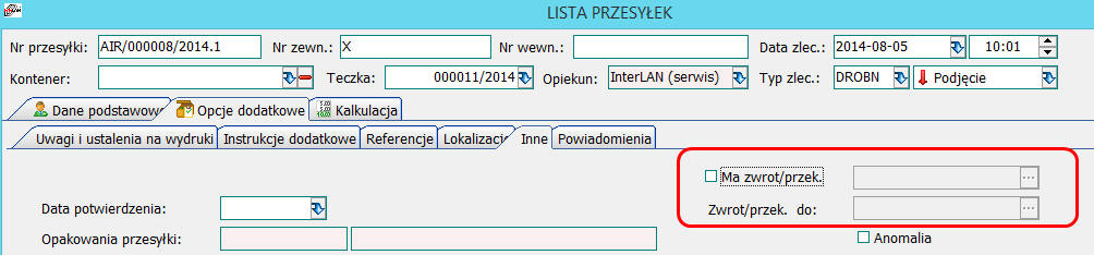 Zwrot na przesyłkach Rozbudowano mechanizm tworzenia zwrotów i przekierowań dla przesyłek drobnicowych.