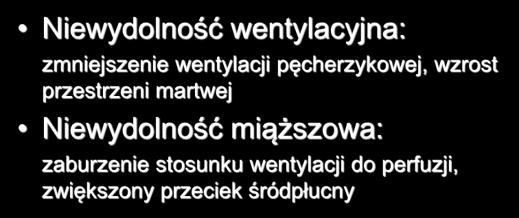 Rodzaje niewydolności oddechowej Niewydolność wentylacyjna: zmniejszenie wentylacji pęcherzykowej, wzrost