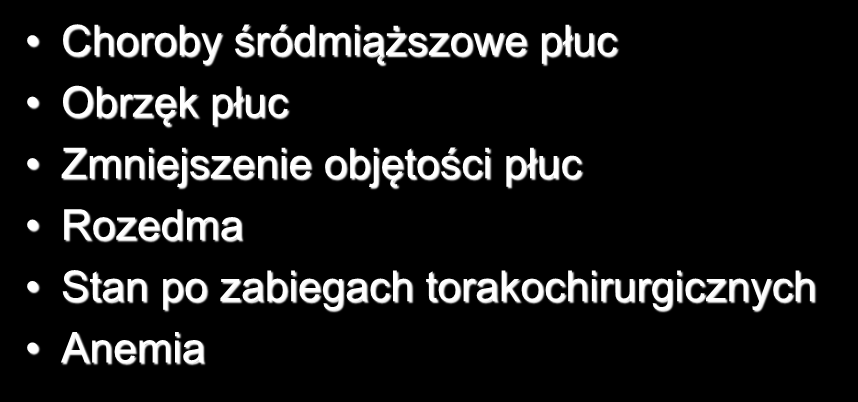 Zmniejszenie powierzchni dyfuzyjnej Choroby śródmiąższowe płuc Obrzęk płuc