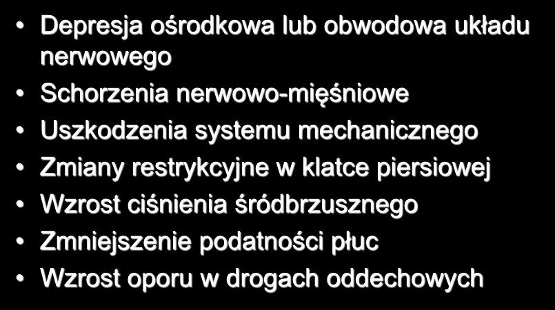 Przyczyny hipoksji/hiperkapni Depresja ośrodkowa lub obwodowa układu nerwowego Schorzenia nerwowo-mięśniowe Uszkodzenia systemu