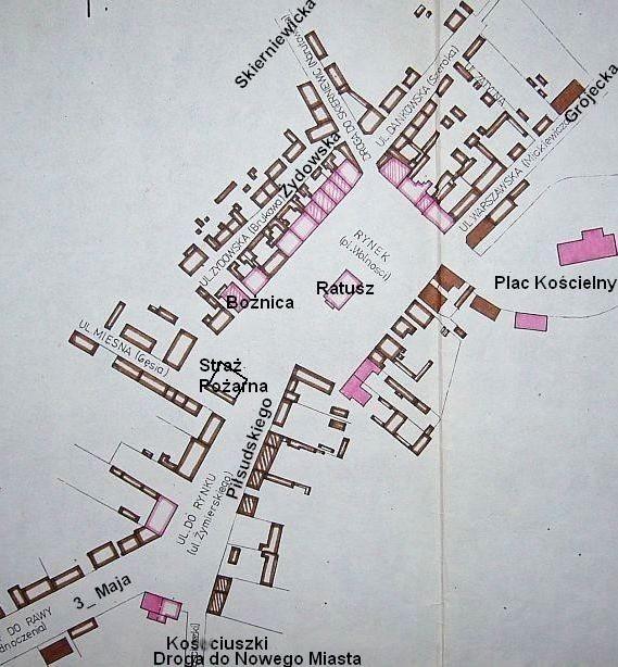 Mapa centrum Białej-Rawskiej z 1892 Żydzi zamieszkiwali w