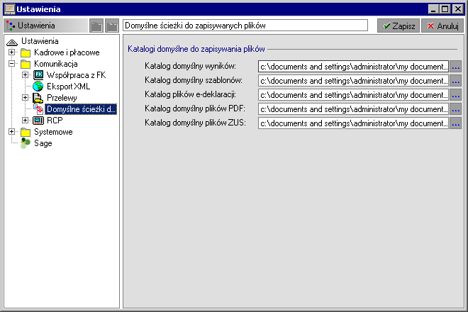 14 20 Podręcznik użytkownika Symfonia Kadry i Płace Rys. 14-27 Okno Ustawienia Domyślne ścieżki do zapisywanych plików.