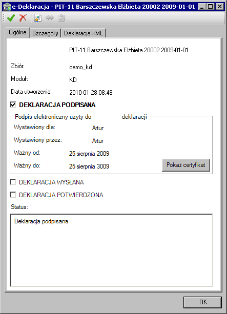 14 32 Podręcznik użytkownika Symfonia Kadry i Płace Rys. 14-46 Okno informacji o e-deklaracji panel Deklaracja XML. W panelu Deklaracja XML można przejrzeć zawartość pliku XML deklaracji. Rys. 14-47 Okno informacji o e-deklaracji panel Ogólne po podpisaniu e-deklaracji.