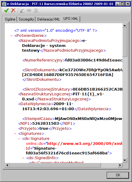 Raporty i zestawienia 14 35 Rys. 14-50 Okno informacji o e-deklaracji panel UPO XML po potwierdzeniu e-deklaracji i zwrocie UPO.