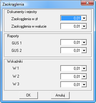 Podręcznik użytkownika Sage Symfonia Finanse i Księgowość 102 Rys. 121 Parametry zaokrągleń W ramce Dokumenty i rejestry należy podać zaokrąglenia dla obliczeń złotówkowych i walutowych (np.