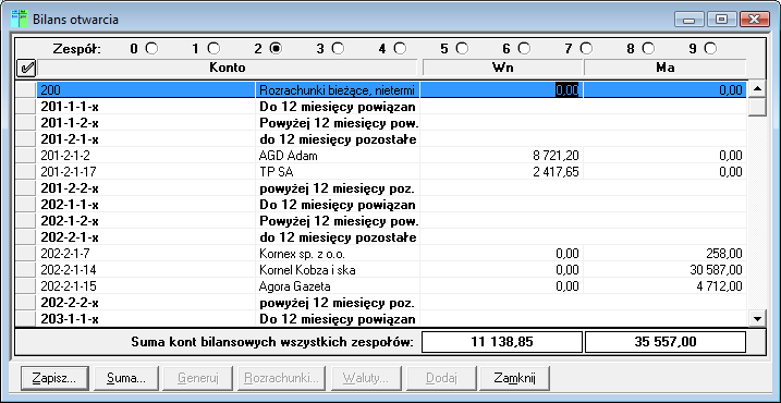 Podręcznik użytkownika Sage Symfonia Finanse i Księgowość 107 Po wybraniu właściwego polecenia i kolejno przycisku Wybierz pojawia się okno Bilans otwarcia.