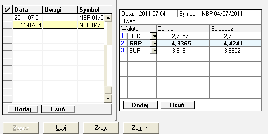 Podręcznik użytkownika Sage Symfonia Finanse i Księgowość 172 W kolumnie, po kolumnie Opis, wyświetlane są kody walut umożliwiające utworzenie dokumentu walutowego (wielowalutowego).