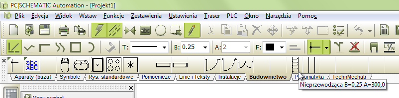 Rysowanie rzutu pomieszczeń Przejdź do menu podręcznego Budownictwo. Znajdziesz w nim linię o szerokości (A) 30 cm i grubości linii (B) 0,25 mm.