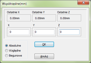 Rysowanie rzutu pomieszczeń 2) Wybierz Funkcje => Współrzędne - lub użyj skrótu klawiaturowego [Ctrl+i]. Pojawi się okno dialogowe Współrzędne. Upewnij się, że wybrana jest opcja Absolutne.