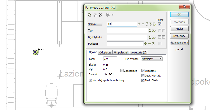 Umieszczenie instalacji elektrycznej W menu podręcznym Instalacje kliknij na symbol wypustu oświetleniowego.