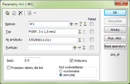 Łączenie symboli za pomocą kabli Gdy rysujesz na stronach typu Rzut/Rysunek montażowy, program sam określi długość kabla, jeżeli pozostawisz pole Ilość na 0.