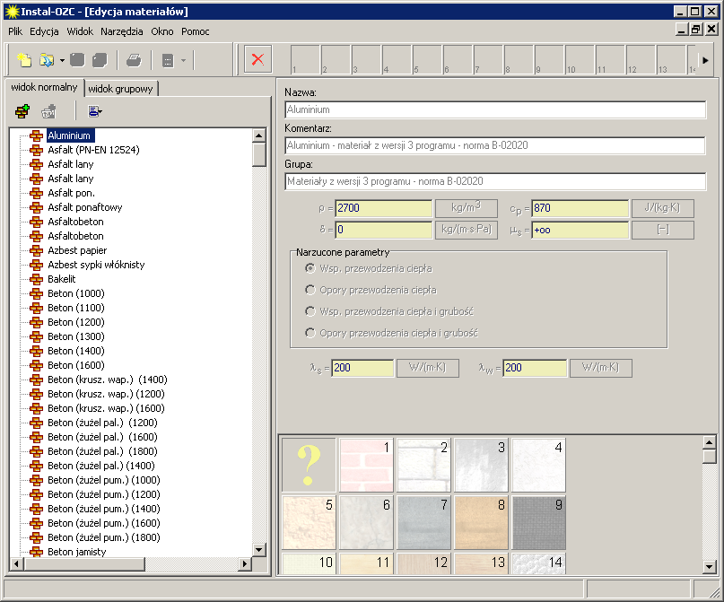 Edycja danych Zostanie wyświetlone okno edycji materiałów zawierające w lewej części listę materiałów budowlanych zadeklarowanych w programie, a w prawej pola dotyczące nazwy materiału, komentarza do