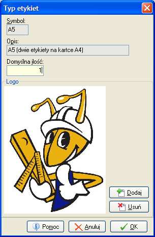 Wydruk logo Aby na etykietach drukowało się logo firmy należy w słowniku typów etykiet (z menu okna przeglądu bazy towarowej wybieramy Słowniki związane z towarami Typy etykiet ) etykietom A5 i A6