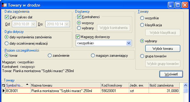 Zamówienia do dostawców - okno przeglądu towarów w drodze Narzędzie pozwala na przeglądanie listy towarów w drodze", czyli ilości towarów zamówionych u dostawców, które jeszcze nie zostały przyjęte