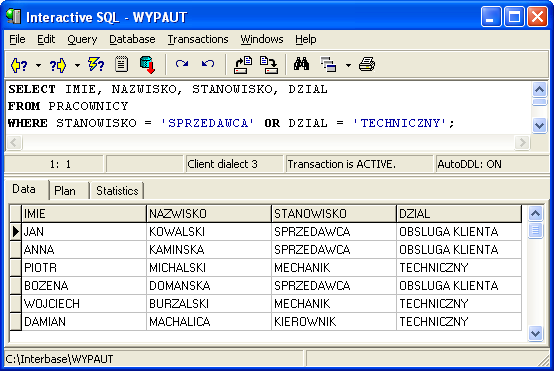 SELECT IMIE, NAZWISKO, STANOWISKO, DZIAL FROM PRACOWNICY WHERE STANOWISKO = 'SPRZEDAWCA' OR DZIAL = 'TECHNICZNY'; Zapytanie zwróci wszystkich pracowników pracujących na stanowisku sprzedawca oraz