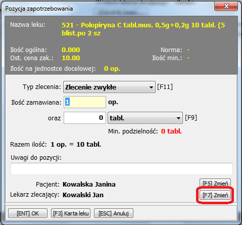 ASW12 Zamówienia Informacja o lekarzu zlecającym zapotrzebowanie Po wyborze z menu głównego modułu ASW-12 Zamówienia zakładki Zapotrzebowania i naciśnięciu przycisku [F2] Dodaj nowe zapotrzebowanie