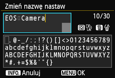 Zmiana nazw ustawień 5 Zmień nazwę ustawienia. Zmień nazwę ustawienia, korzystając z wirtualnej klawiatury (str. 14). Można wprowadzić maks. 30 znaków.