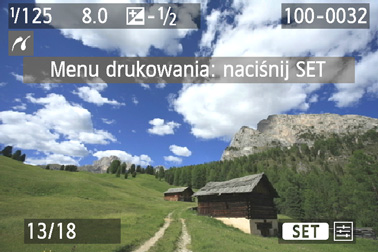 Drukowanie Odtwórz obraz. Naciśnij przycisk <x>. Zostanie wyświetlony obraz, a w lewym górnym rogu ekranu pojawi się ikona <w> sygnalizująca, że drukarka jest podłączona.