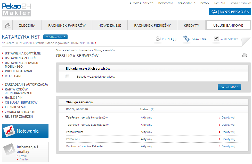 9. Obsługa serwisów Strona Obsługa serwisów (Rys. 29) umoŝliwia definiowanie dostępności poszczególnych serwisów Pekao24 i Pekao24Makler, jak równieŝ zablokowanie całej usługi.