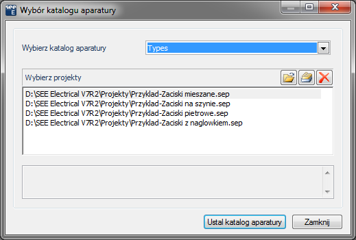 nowy katalog. Można utworzyć nowy pusty katalog aparatury. Polecenie "SetType DB" pozwala wskazać bazę danych katalogu aparatury i przypisać ją do projektu. 61.