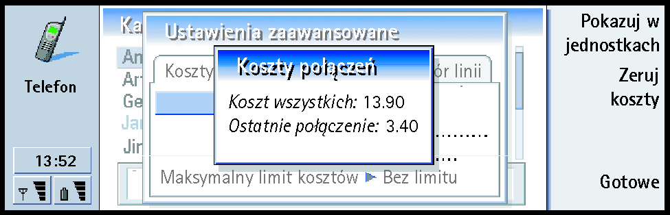 Koszt wszystkich: Koszt wszystkich po³±czeñ nawi±zanych od czasu wyzerowania licznika. (Patrz rys. 27).