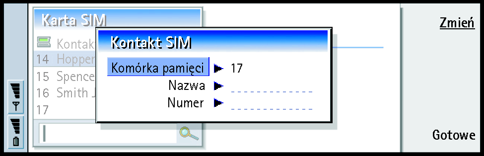 116 Aplikacja 'Kontakty' Rysunek 36 Opcje katalogu karty SIM Pozycje katalogu karty SIM mo esz uporz±dkowaæ alfabetycznie lub wg kolejno ci numerów komórek pamiêci.