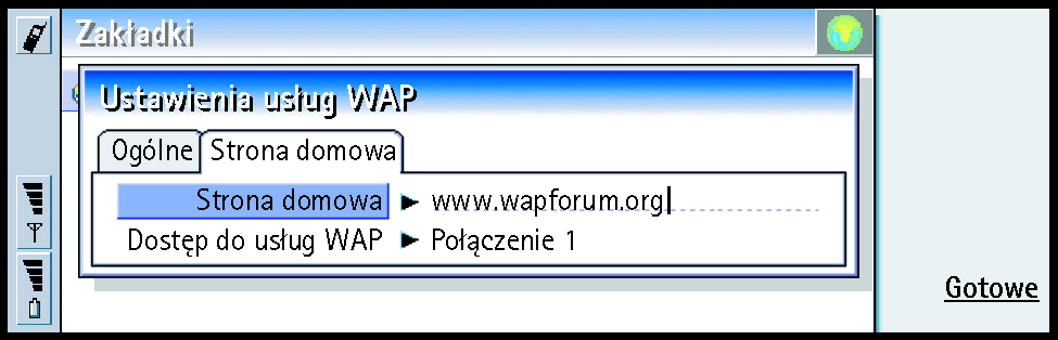 170 Internet Rysunek 66 Mo esz w nim zmieniæ ustawienia, takie jak ustawienie strony domowej WAP. UWAGA: Jako strony domowej mo esz u yæ dowolnego pliku w komunikatorze.