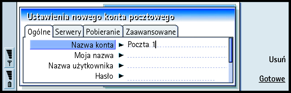 187 Rysunek 72 4 Zdefiniuj nastêpuj±ce elementy: Strona 'Ogólne' Nazwa konta: Nazwa zdalnej skrzynki pocztowej. Swojej skrzynce mo esz nadaæ dowoln± nazwê. Moja nazwa: Tu wprowad¼ swoj± nazwê.