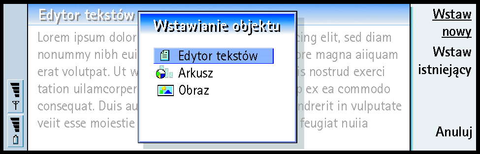 Jak wstawiæ obiekt 1 Maj±c otwarty dokument, naci nij Wstaw obiekt. Otworzy siê okno dialogowe. (Patrz rys. 77).