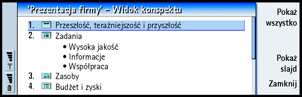 Widok struktury prezentacji Aby wy wietliæ ogóln± strukturê prezentacji, naci nij Poka konspekt. Otworzy siê okno ze spisem tre ci prezentacji. (Patrz rys. 82).