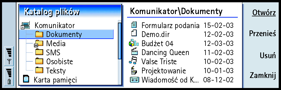 222 Aplikacja 'Biuro' Wskazówka: Aplikacja 'Mened er plików' pozwala m.in. usuwaæ pliki i foldery z pamiêci komunikatora i tym samym zwiêkszaæ ilo æ wolnej pamiêci.