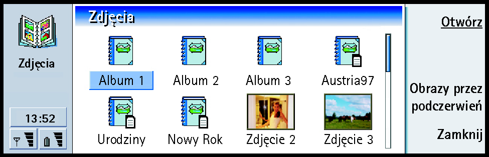 Rysunek 95 Uwaga: Albumy mog± zawieraæ tylko zdjêcia, a nie inne albumy. Zdjêcia mo esz przekazywaæ przez port na podczerwieñ.