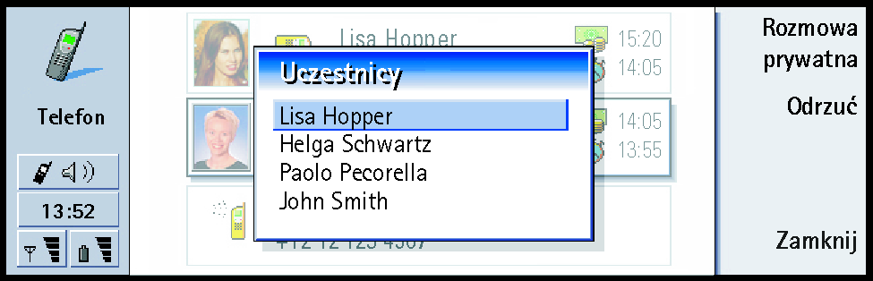 82 Aplikacja 'Telefon' Wskazówka: Gdy ju skompletujesz uczestników konferencji, mo esz zamkn±æ pokrywê komunikatora i kontynuowaæ rozmowê przez modu³ telefonu.