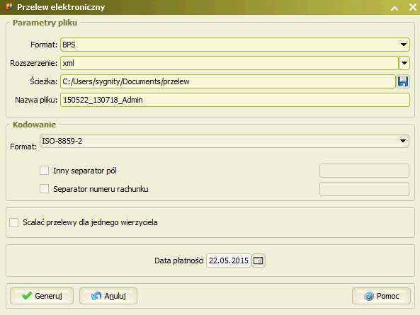 Plik z przelewami jest zapisywany w formacie xml wg następującego układu: <?xml version="1.0" encoding="iso-8859-2"?