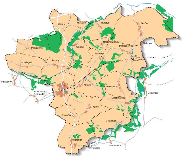 17 sołectw: Bożanków, Buków, Gołaszyce, Imbramowice, Kalno, Kruków, Łażany, Marcinowiczki, Mielęcin, Mikoszowa, Mrowiny,