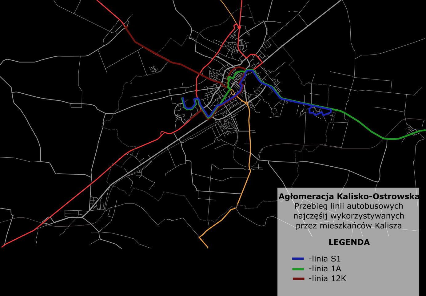 Rysunek 4.4.2. Przebieg linii autobusów KLA najczęściej wykorzystywanych przez mieszkańców AKO Źródło: opracowanie własne.