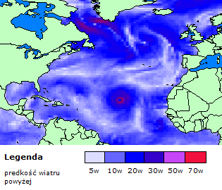 Rysunek E.8 Prognoza prędkości wiatru dla 2008.09.02 12:00 na podstawie danych modelu WaveWatch III (opracowanie własne) Rysunek E.9 Prognoza prędkości wiatru dla 2008.09.04 12:00 na podstawie danych modelu WaveWatch III (opracowanie własne) Rysunek E.