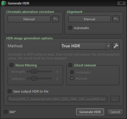 Opcje generacji HDR. 3.3.1. Pre-processing Zanim wygenerowany zostanie obraz HDR, możliwe jest przetworzenie zdjęć wejściowych.